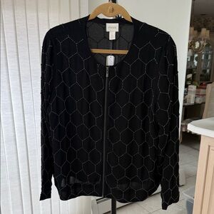 Chico's Black Bomber Jacket with Hexagonal Pattern
